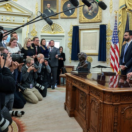 President Donald Trump and New York City Mayor-elect Zohran Mamdani speak to members of the media as they meet in the Oval Office at the White House in Washington, D.C., Nov. 21, 2025.