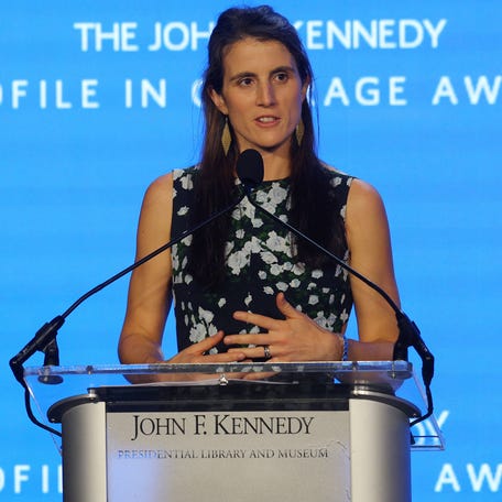 Tatiana Schlossberg, granddaughter of former U.S. President John F. Kennedy, speaks at the 2023 Profile in Courage Award ceremony at the John F. Kennedy Library in Boston, Massachusetts, U.S., October 29, 2023. REUTERS/Brian Snyder