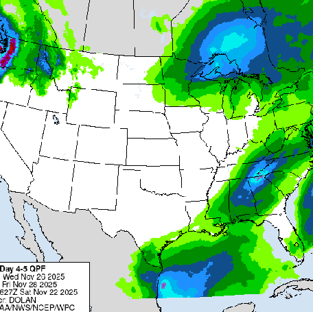 The precipitation forecast for Wednesday, Nov. 26, through Friday, Nov. 28.