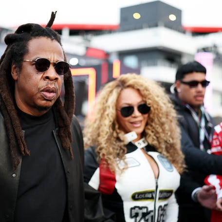 Jay-Z and Beyonce in the Paddock before the F1 Grand Prix of Las Vegas at Las Vegas Strip Circuit on Nov. 22, 2025, in Las Vegas, Nevada.