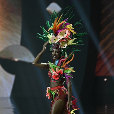 Miss Jamaica Gabrielle Henry walks on stage during the 2025 Miss Universe national costume presentation in Nonthaburi on Nov. 19, 2025.