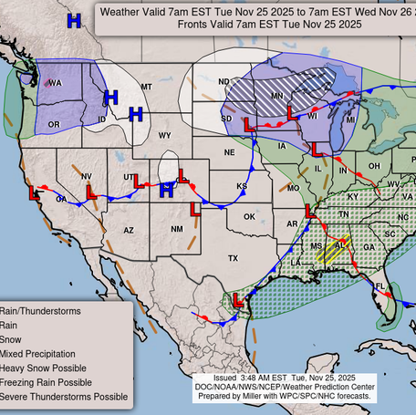 The national weather forecast map for Tuesday Nov. 25, 2025, shows a big storm in the eastern U.S. Snow is likely around the Great Lakes, while severe storms could rattle the South.