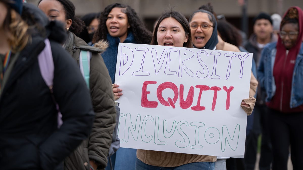University of Louisville students holding a rally to protect diversity, equity, and inclusion (DEI) on their campus in March 2024.