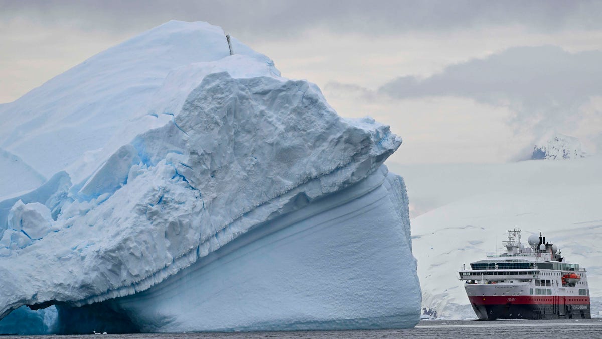 The MS Fram Cruise ship sails at the Gerlache Strait which separates the Palmer Archipelago from the Antarctic Peninsula, on Jan. 20, 2024.