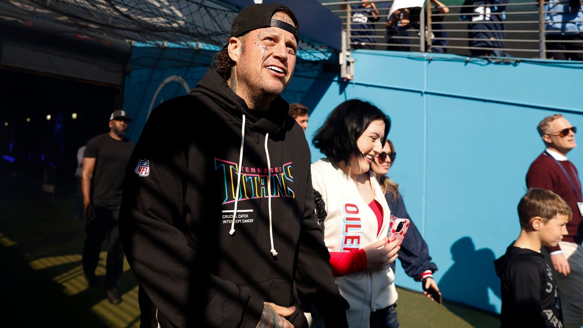 Jelly Roll looks on from the tunnel prior to the game between the Seattle Seahawks and the Tennessee Titans at Nissan Stadium on Nov. 23, 2025, in Nashville.