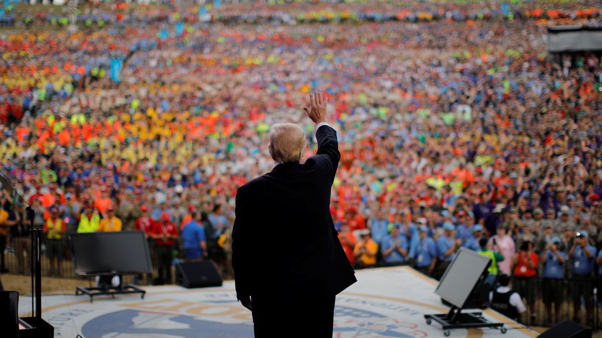 President Donald Trump waves after delivering remarks at the 2017 National Scout Jamboree in Summit Bechtel National Scout Reserve, West Virginia, on July 24, 2017.