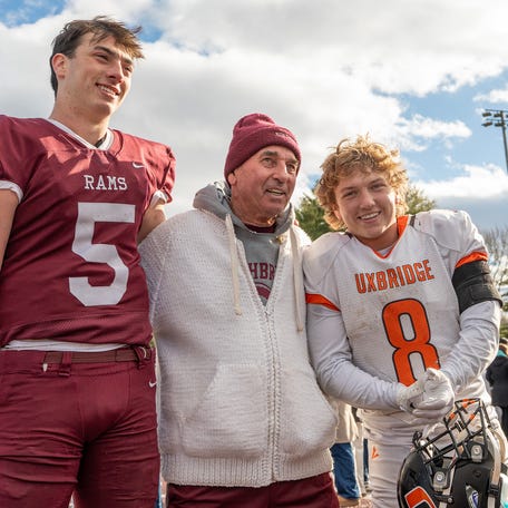 Northbridge quarterback Joel LaChapelle and his cousin, Uxbridge running back Camden LaChapelle, talk about their grandfather, legendary Northbridge head coach Ken LaChapelle, after their Thanksgiving game Nov. 27