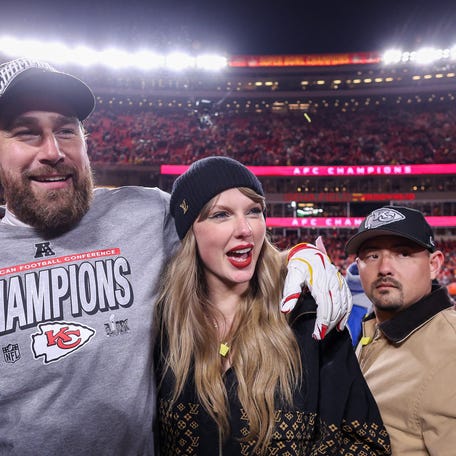 2025 Getty Images Year In Review KANSAS CITY, MISSOURI - JANUARY 26: Taylor Swift celebrates with Travis Kelce #87 of the Kansas City Chiefs after defeating the Buffalo Bills 32-29 in the AFC Championship Game at GEHA Field at Arrowhead Stadium on January 26, 2025 in Kansas City, Missouri. (Photo by Jamie Squire/Getty Images) ORG XMIT: 776259153 ORIG FILE ID: 2196122902