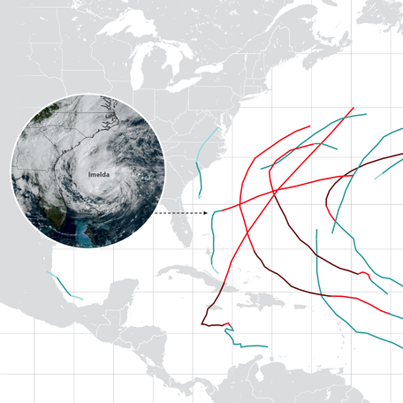 Hurricane Imelda turned due to a combination of weak high pressure to its north and a powerful nearby hurricane, Humberto, to its east.