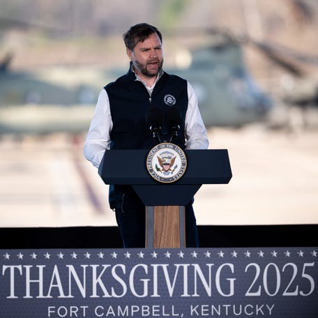 Vice President JD Vance addresses service members at Fort Campbell Army base in Kentucky on Nov. 26, 2025, the day before Thanksgiving.