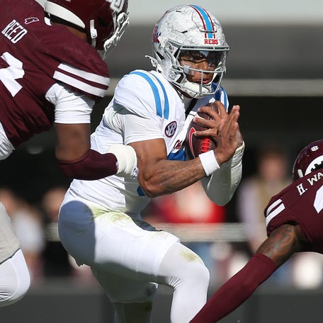 Mississippi quarterback Trinidad Chambliss (6) runs against Mississippi State during the first half at Davis Wade Stadium at Scott Field.