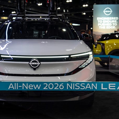 A 2026 Nissan LEAF is displayed at the LA Auto Show in Los Angeles, Calif., Friday, Nov. 28, 2025.