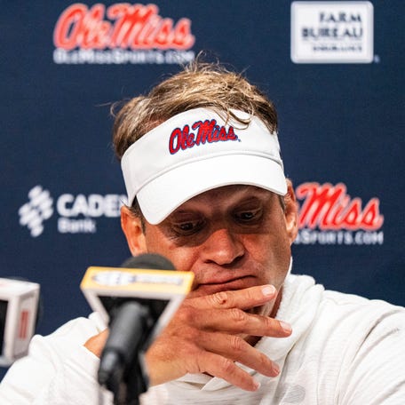 Ole Miss head coach Lane Kiffin answers questions from the press after a college football game between Mississippi State and Ole Miss at Davis Wade Stadium in Starkville, Miss., on Friday, Nov. 28, 2025. Ole Miss defeated Mississippi State 38-19 in the Egg Bowl.
