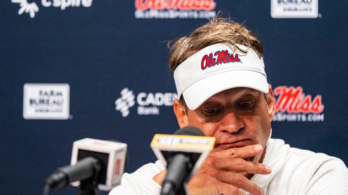 Ole Miss head coach Lane Kiffin answers questions from the press after a college football game between Mississippi State and Ole Miss at Davis Wade Stadium in Starkville, Miss., on Friday, Nov. 28, 2025. Ole Miss defeated Mississippi State 38-19 in the Egg Bowl.