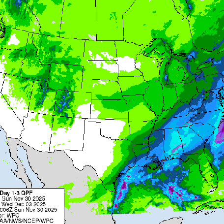 The precipitation forecast for Sunday, Nov. 30 through Wednesday, Dec. 3, 2025.