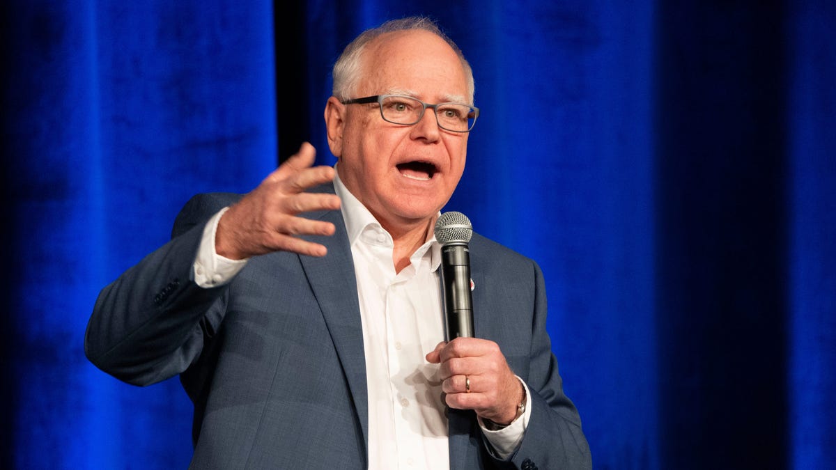 Minnesota Gov. Tim Walz speaks during a town hall at Roosevelt High School on Friday, March 14, 2025, in Des Moines.