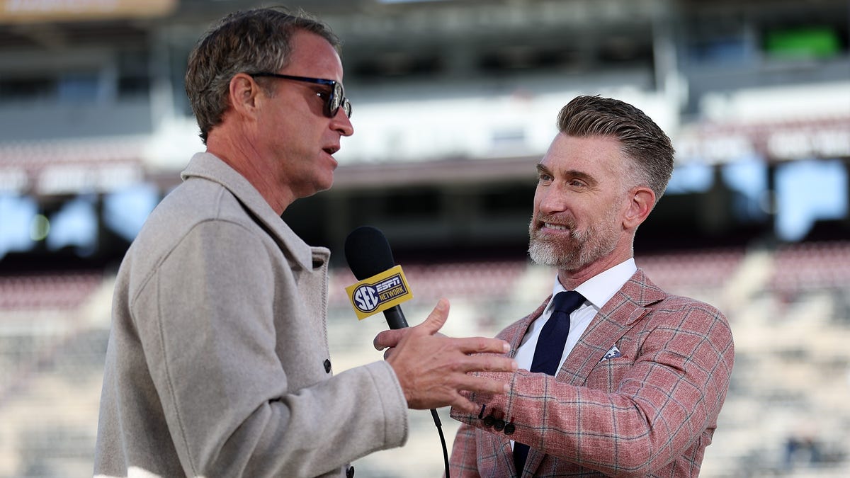 STARKVILLE, MISSISSIPPI - NOVEMBER 28: Marty Smith of the SEC Network interviews head coach Lane Kiffin of the Mississippi Rebels before the game against the Mississippi State Bulldogs at Davis Wade Stadium on November 28, 2025 in Starkville, Mississippi. (Photo by Justin Ford/Getty Images)