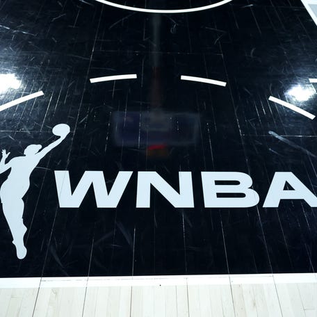 A WNBA logo is shown on the court before a game between the Connecticut Sun and the Las Vegas Aces at Michelob ULTRA Arena on June 25, 2025 in Las Vegas, Nevada.