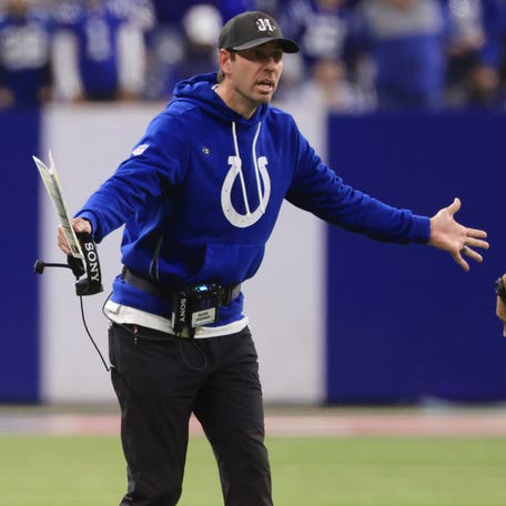 Head coach Shane Steichen of the Indianapolis Colts reacts during the fourth quarter against the Houston Texans at Lucas Oil Stadium on November 30, 2025 in Indianapolis, Indiana.