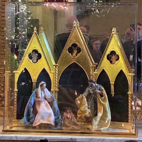 A portion of the White House creche is featured in the Grand Foyer, at the base of a mirror. The creche features Jesus, Mary and Joseph. White House curators are restoring the rest of the nativity scene.   First Lady Melania Trump unveiled the White House holiday decorations on Dec. 1, 2025.