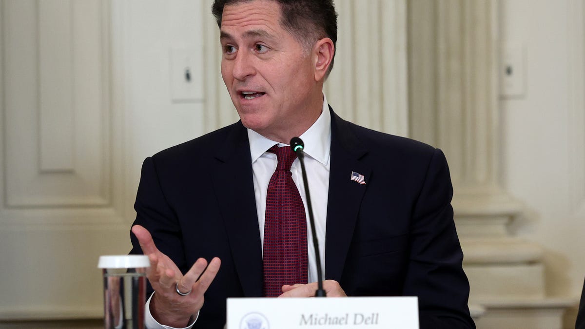 Dell Technologies CEO Michael Dell delivers remarks at the Invest America Roundtable hosted by President Donald Trump in the State Dinning room at the White House on June 09, 2025 in Washington, DC.