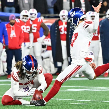 New York Giants place kicker Younghoe Koo (37) makes an extra point during the second quarter against the New England Patriots at Gillette Stadium on Dec. 1, 2025.