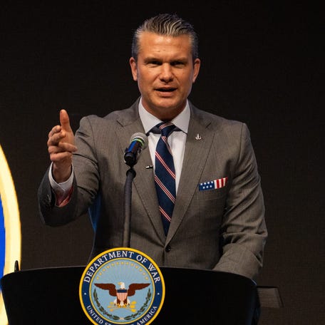 Pete Hegseth, secretary of the U.S. Department of War ‒ formally known as the U.S. Department of Defense ‒ addresses a defense summit in Fort Wayne, Indiana, on Nov. 12, 2025.