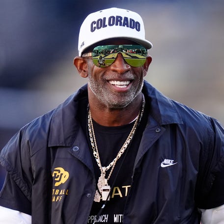 Nov 1, 2025; Boulder, Colorado, USA; Colorado Buffaloes head coach Deion Sanders before the game against the Arizona Wildcats at Folsom Field. Mandatory Credit: Ron Chenoy-Imagn Images