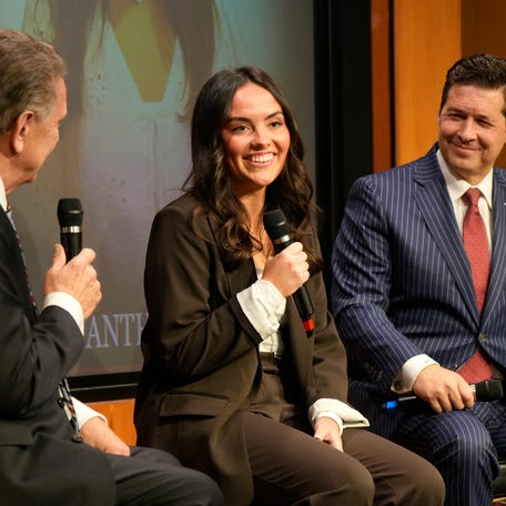 OCPAC Foundation President Bob Linn, left, and Republican Oklahoma Sen. Shane Jett interview University of Oklahoma junior Samantha Fulnecky about her essay on Dec. 3, 2025. Fulnecky, a junior majoring in psychology, wrote: 