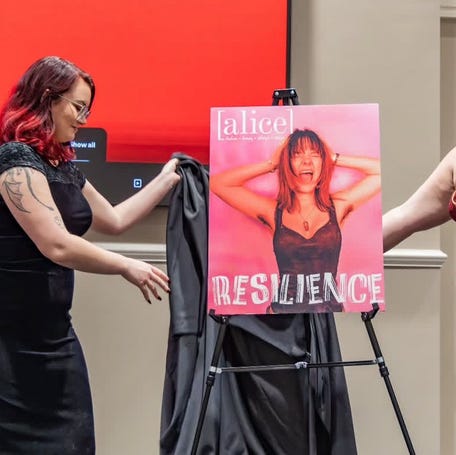 Gabrielle Gunter, right, unveils the fall 2025 edition of Alice Magazine on Nov. 6, 2025.