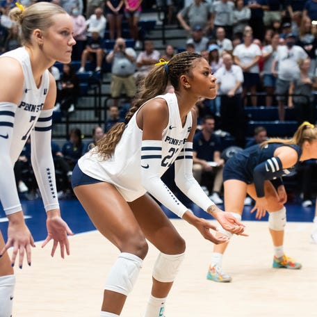 Penn State's Alexis Ewing gets set in the back row during a Big Ten volleyball match against UCLA on Sunday, Sept. 28, 2025, in State College.