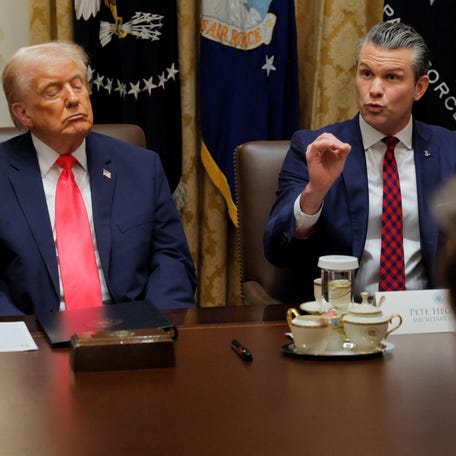 Defense Secretary Pete Hegseth speaks during President Donald Trump's Cabinet meeting at the White House in Washington, DC, on Dec. 2, 2025.