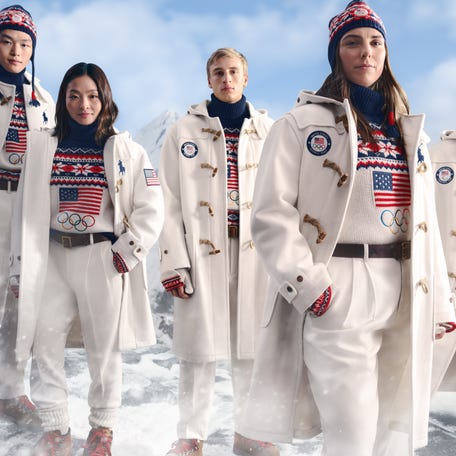 Team USA athletes (l-r) Alex Shibutani, Maia Shibutani, Jordan Stolz, Hilary Knight and Jack Wallace rep the Americans' opening ceremony outfit.