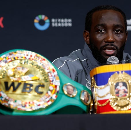 Terence Crawford speaks to the media during a press conference following his undisputed super middleweight title fight where he defeated Canelo Alvarez.