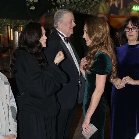 Princess Kate speaks with Jessie J as she meets a number of performers and representatives at the Royal Variety Performance at the Royal Albert Hall on Nov. 19, 2025, in London.