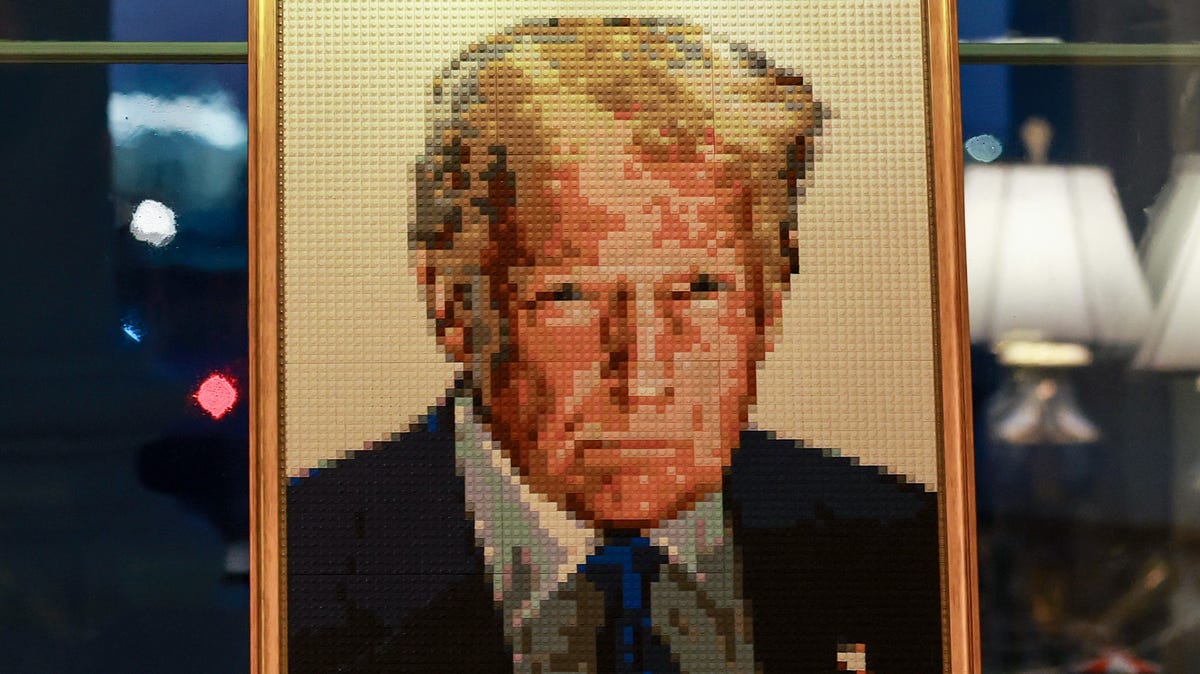 A lego portrait of President Donald Trump is part of the White House Christmas decorations on Dec. 1, 2025, in Washington, DC.