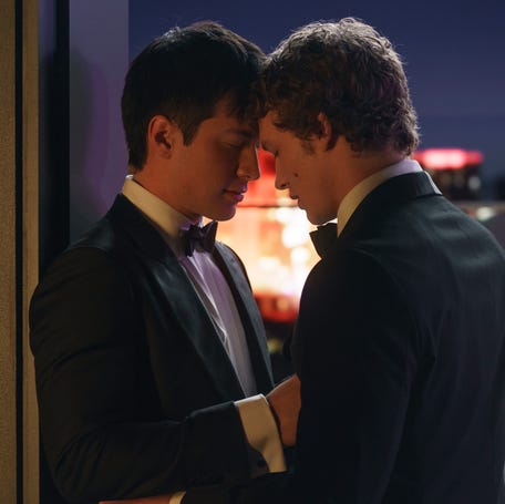 Hudson Williams as Shane Hollander, left, and Connor Storrie as Ilya Rozanov in "Heated Rivalry."