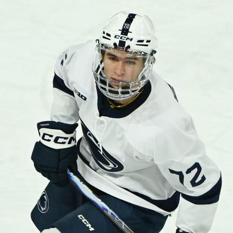 Penn State Nittany Lions forward Gavin McKenna skates against the Clarkson Golden Knights at Pegula Ice Arena on Oct. 10, 2025.