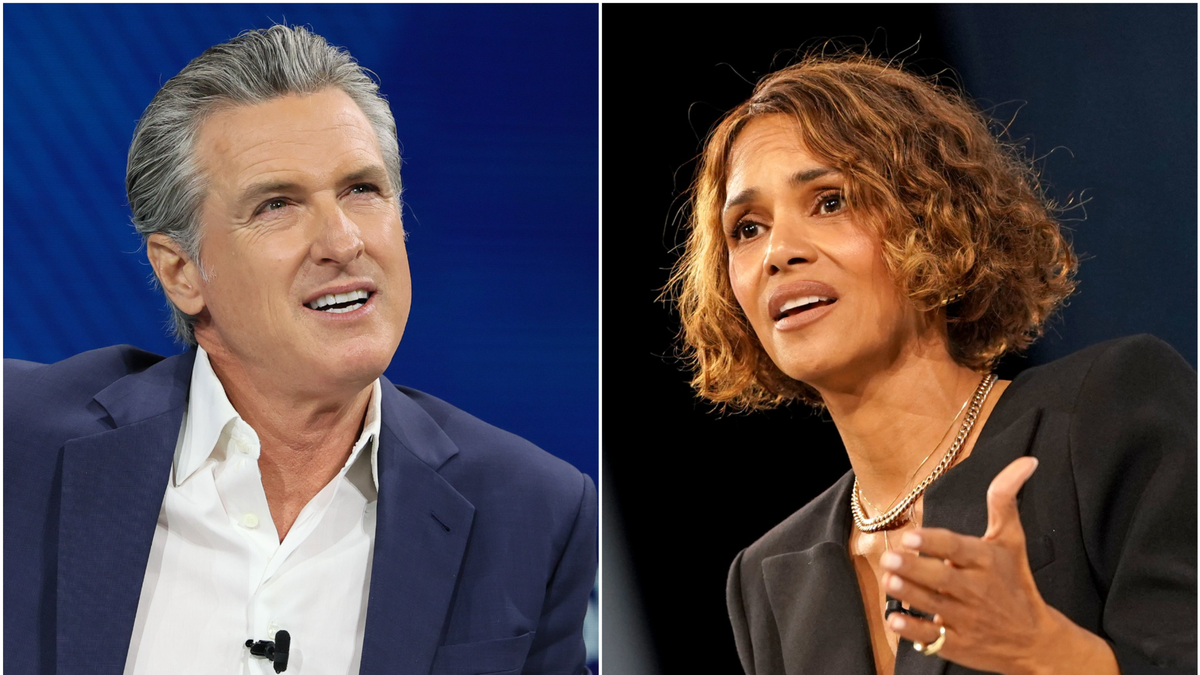 Halle Berry and Gavin Newsom speaks onstage during The New York Times DealBook Summit 2025 at Jazz at Lincoln Center on Dec. 3, 2025 in New York City.