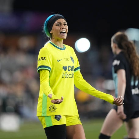 Washington Spirit forward Trinity Rodman reacts after being fouled in the second half against Gotham FC at PayPal Park.