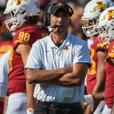 Iowa State football coach Matt Campbell looks at the scoreboard during his team's game against Northern Iowa at Jack Trice Stadium.