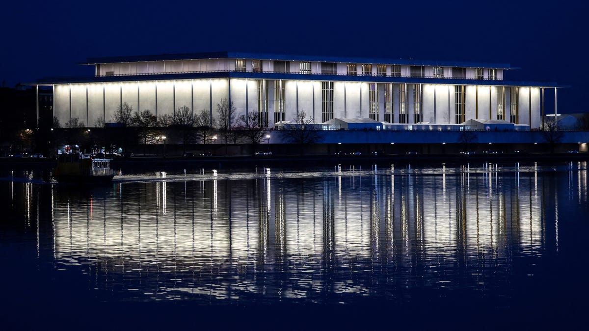 The John F. Kennedy Center for the Performing Arts, reflected in the Potomac River, is the venue for the upcoming FIFA World Cup draw, in Washington, D.C., U.S., December 3, 2025. REUTERS/Evelyn Hockstein