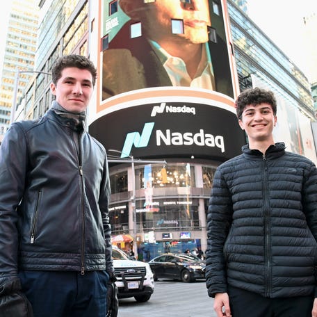 NEW YORK, NEW YORK - DECEMBER 13: In this image released December 16, Founder of Alkali Fintech LLC and Creator of ZGEN Julian Feder and Co-Founder of Alkali Fintech LLC and Co-Creator of ZGEN Eitan Prins-Trachtenberg attend as the Gen Z Team launches the first ever GEN Z centered ETF (ZGEN) at NASDAQ MarketSite on December 13, 2021 in New York City. (Photo by Bryan Bedder/Getty Images for Alkali)
