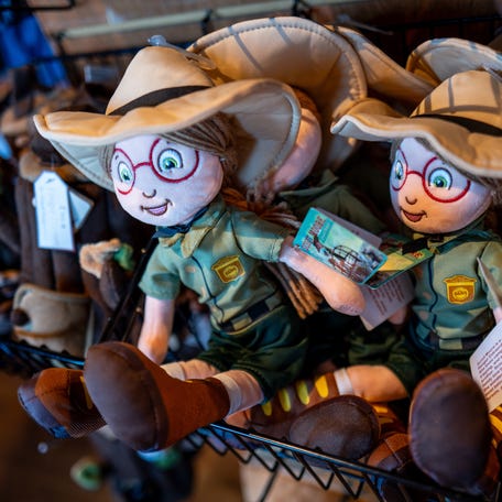 Grand Canyon Park Services Ranger dolls are displayed for sale in a gift shop in the Grand Canyon National Park on February 22, 2025, in Grand Canyon, Arizona.
