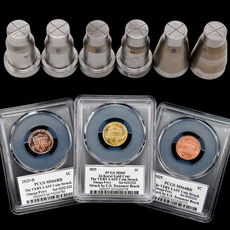 The final lot of of the last Omega pennies including a 24-karat gold penny also comes with the three original dies used to strike the coins.