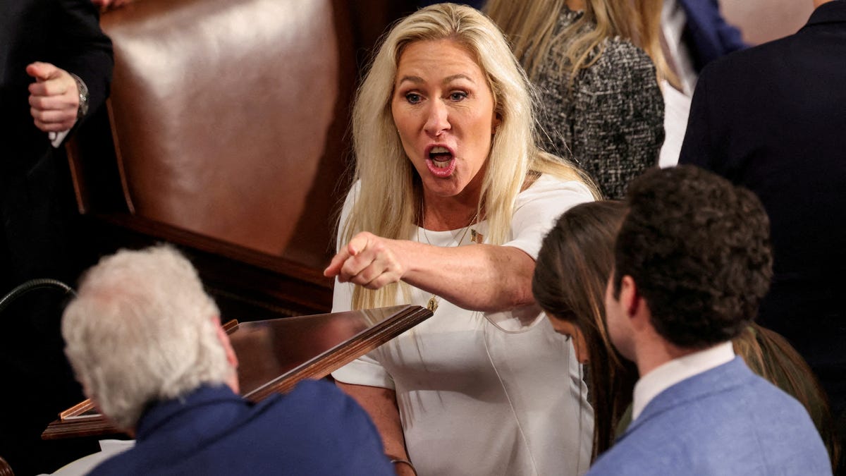 U.S. Representative Marjorie Taylor Greene (R-GA) gestures, on the first day of the 119th Congress at the U.S. Capitol in Washington, U.S.,January 3, 2025.