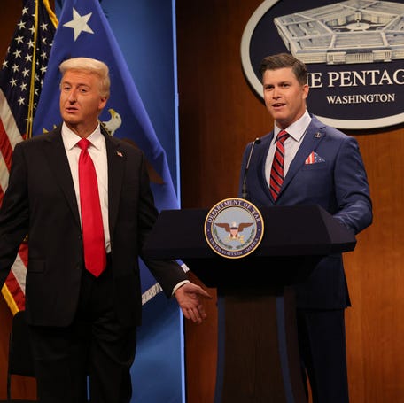 James Austin Johnson as Donald Trump and Colin Jost as Pete Hegseth on "Saturday Night Live" on Dec. 6, 2025.