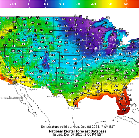 National Weather Service temperature forecast for Monday, Dec. 8 at 7 a.m. EST.