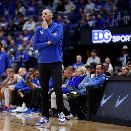 NASHVILLE, TENNESSEE - DECEMBER 05: Head Coach Mark Pope of the Kentucky Wildcats reacts after a loss during the Music City Madness game against the Gonzaga Bulldogs at Bridgestone Arena on December 05, 2025 in Nashville, Tennessee. (Photo by Johnnie Izquierdo/Getty Images)