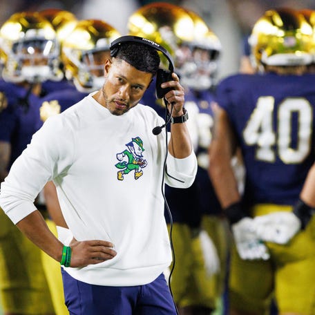 Notre Dame head coach Marcus Freeman looks on in the second half of a NCAA football game against Texas A&M at Notre Dame Stadium on Saturday, Sept. 13, 2025, in South Bend.